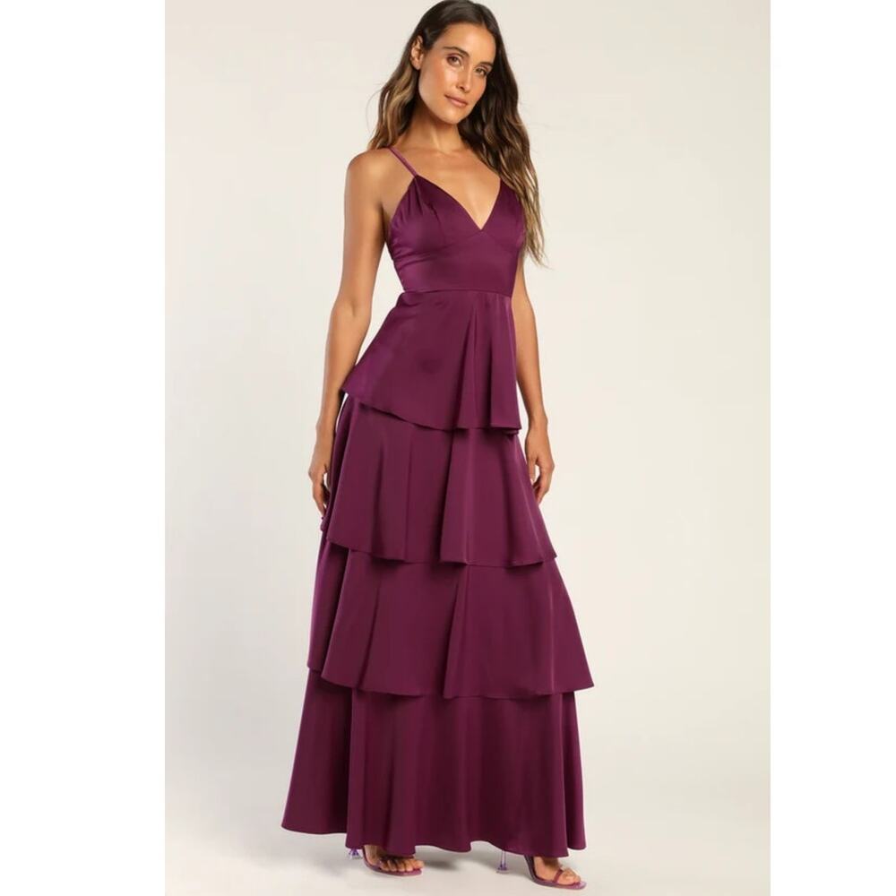 NWT Lulus Going with Elegance Plum Purple Satin Tiered‎ Gown Size XL